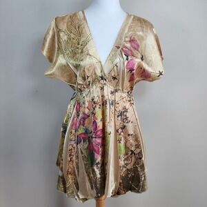 Moa Moa Floral V-Neck Tunic Top Womens Medium Gold Satin Pleated Boho Fairycore